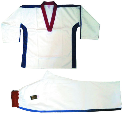 Kickbox-Anzug weiß mit blauen Streifen und rotem V-Ausschnitt